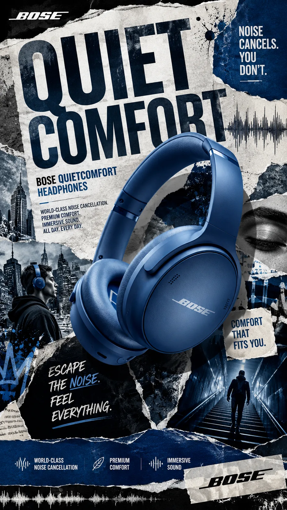 פרסומת AI בסגנון קולאז' לאוזניות Bose QuietComfort