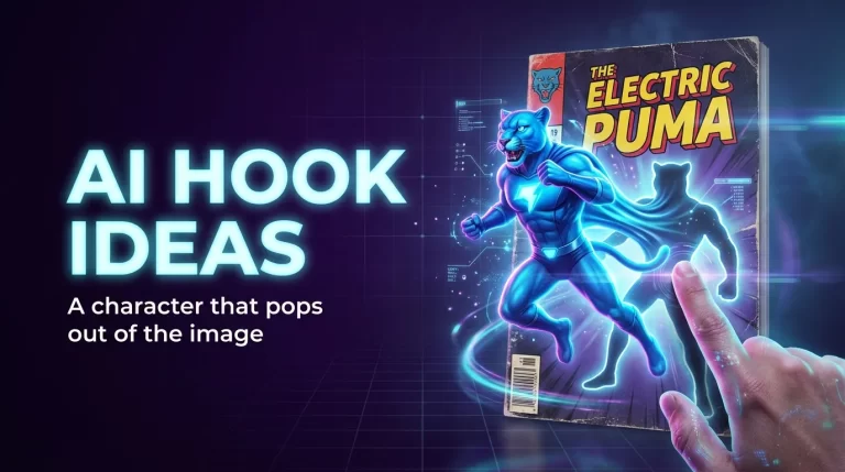 AI hook idea: illustrated character popping out of a comic book cover