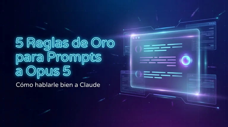 5 reglas de oro para prompts a Opus 5 sobre fondo tecnológico neón