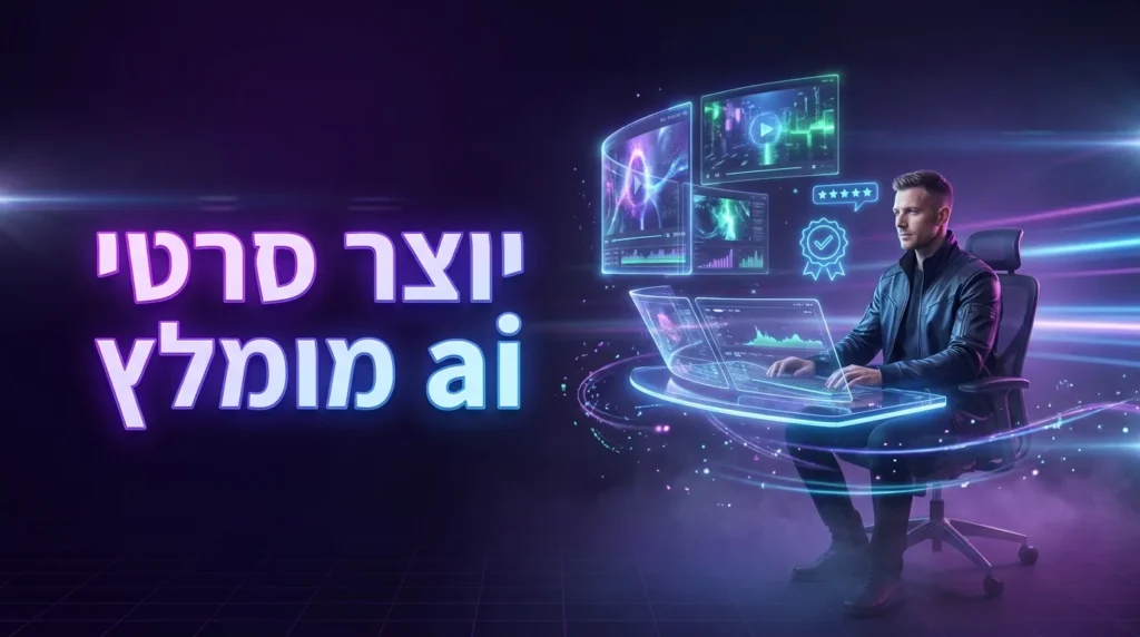 יוצר סרטי ai מומלץ 3 יוצר סרטי ai מומלץ ליד מסכי עריכה הולוגרפיים ותג איכות